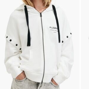 All Saints Omnium Amphia Logo Graphic Zip Hoodie with Removable Sleeves